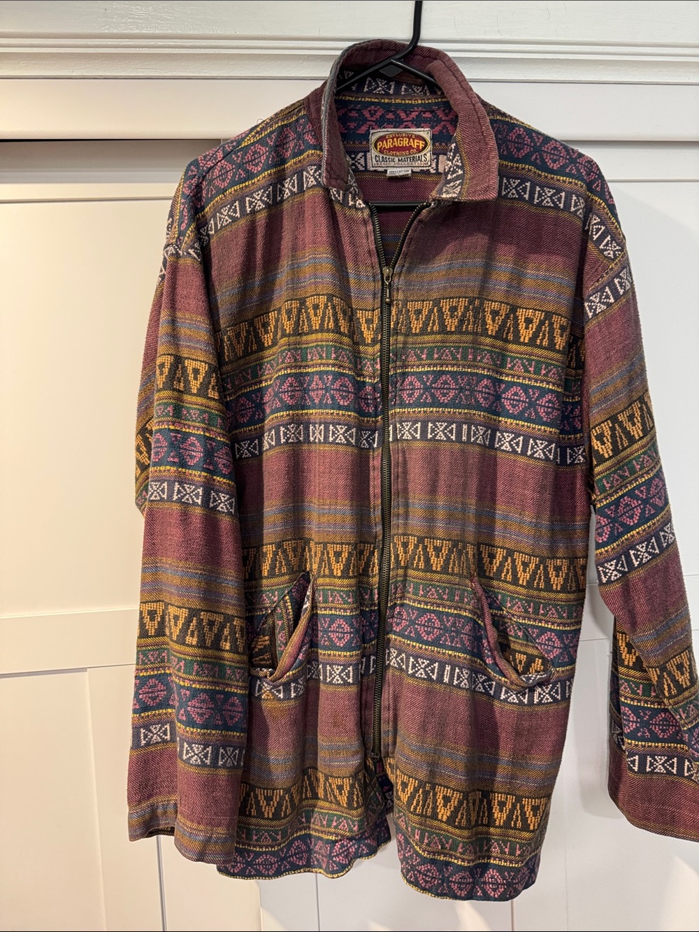 Vintage Aztec Patterned Zip-Front Jacket in Burgundy
